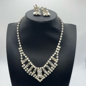 Stunning MCM vintage clear rhinestone clip dangly earring and choker necklace